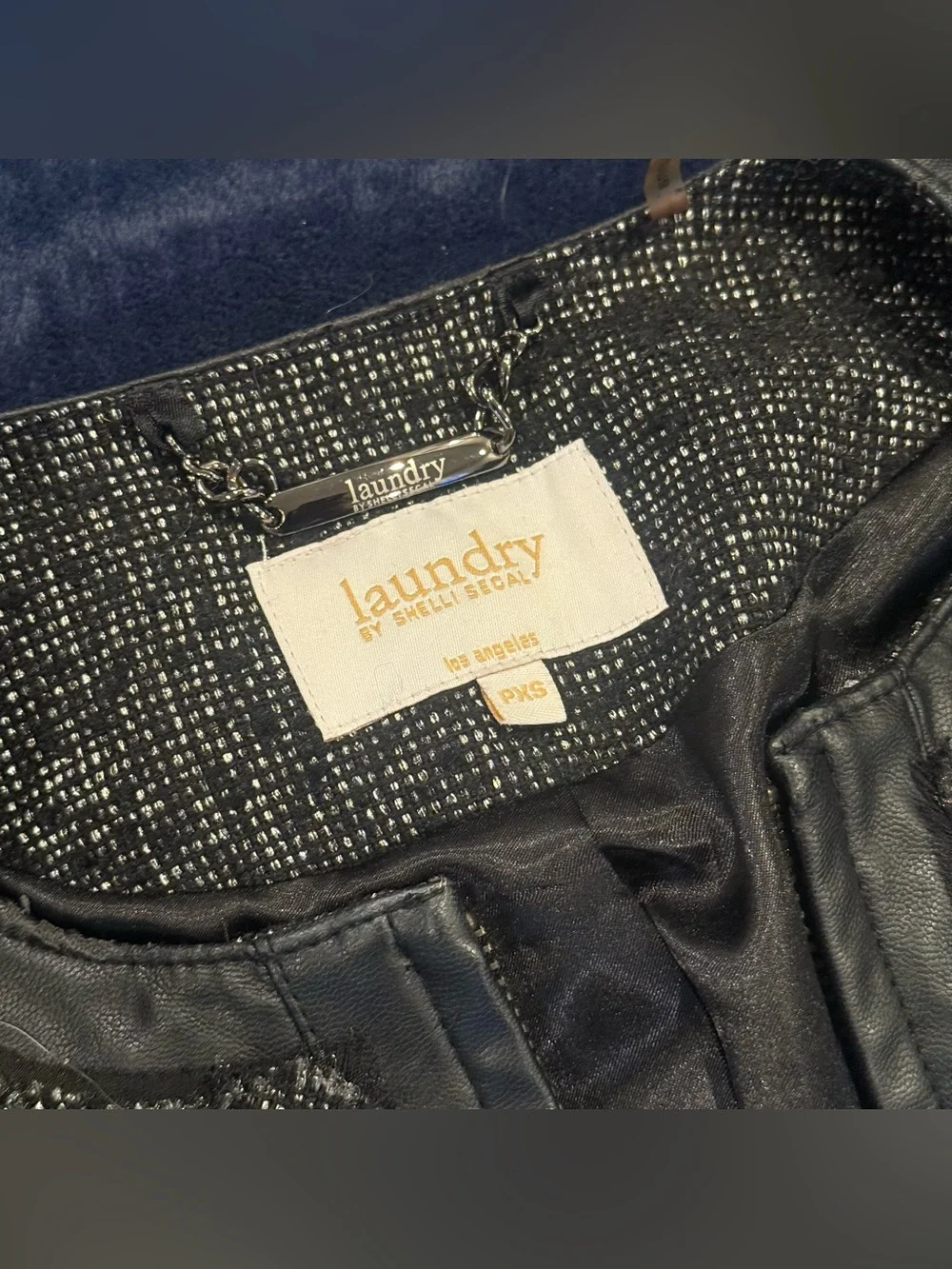 Laundry By Shelli Segal Black Tweed Zip-Front Blazer with faux Leather Trim
